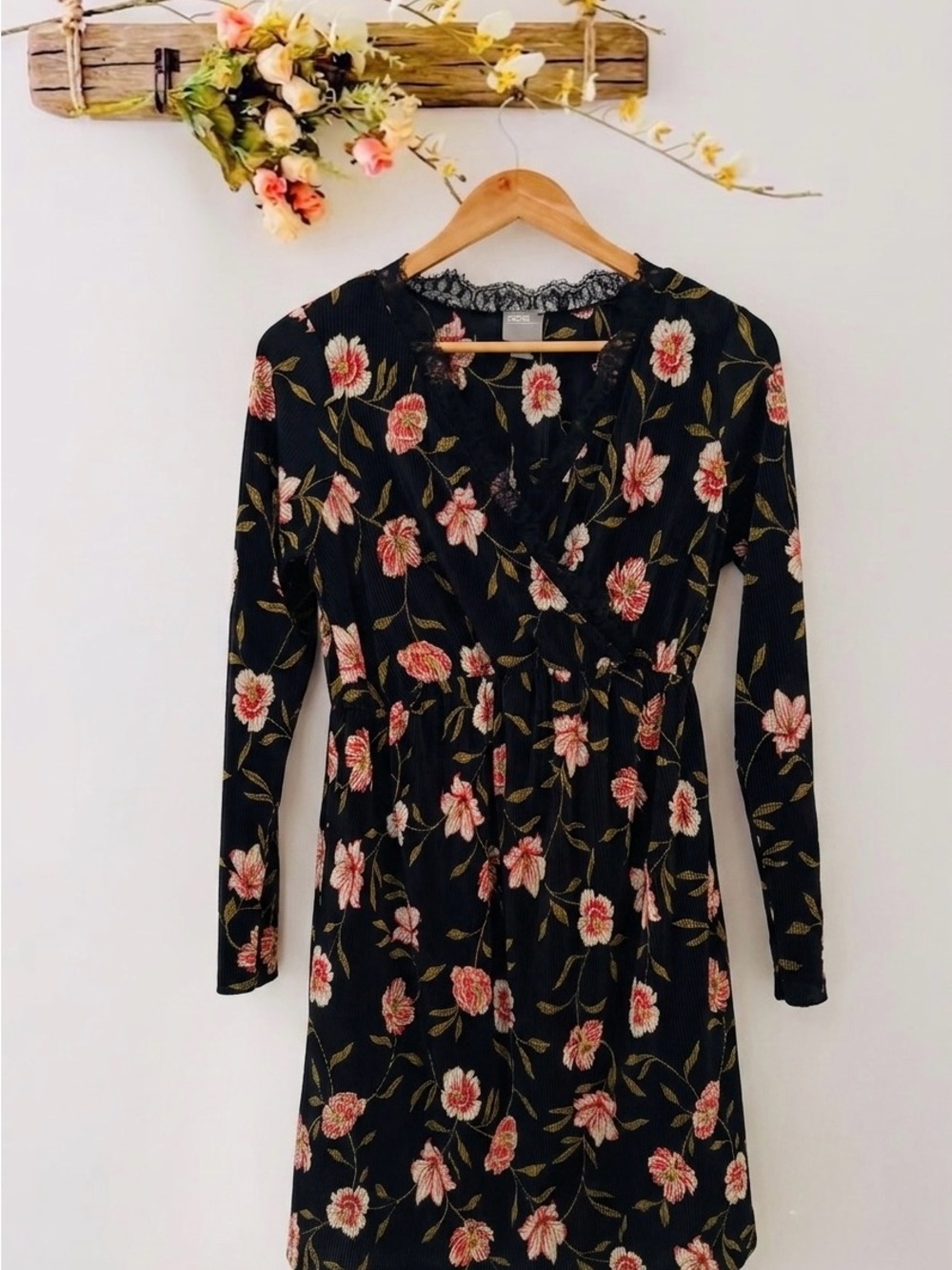 ASOS Black Long-Sleeve Floral Wrap Dress